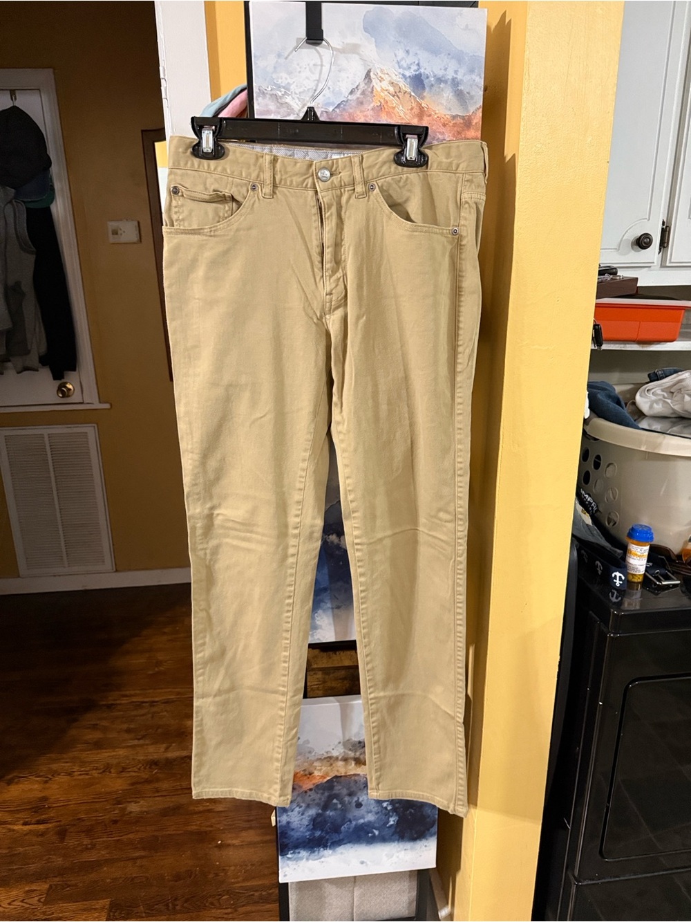 Check back pocket pictures. Torn. Peter Millar Slim Straight Jeans in khaki